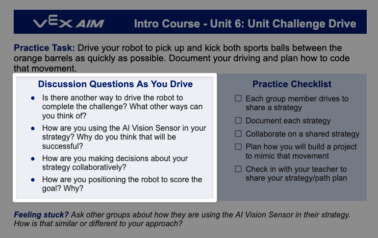 VEX AIM Intro Course Unit 6 Unit Challenge Drive document with the highlighted Discussion Questions As You Drive.