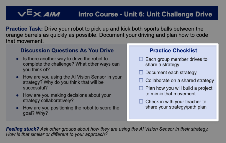 VEX AIM Intro Course Unit 6 Unit Challenge Drive document with the highlighted section Practice Checklist