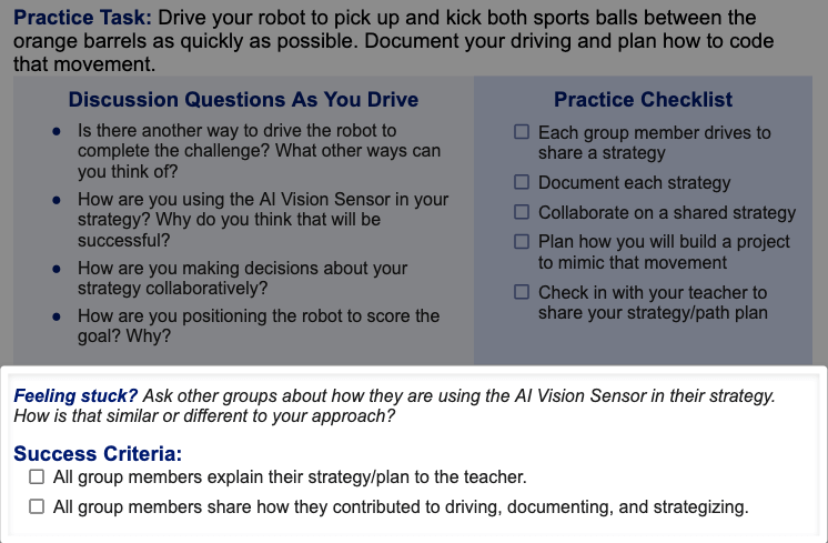 VEX AIM Intro Course Unit 6 Unit Challenge Drive document with the highlighted bottom section with headers that read Feeling stuck? and Success Criteria