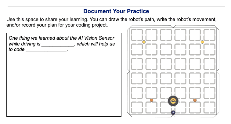 VEX AIM task card to Document Your Practice with instructions, blank areas to fill in answers, and an empty field to draw on top of.