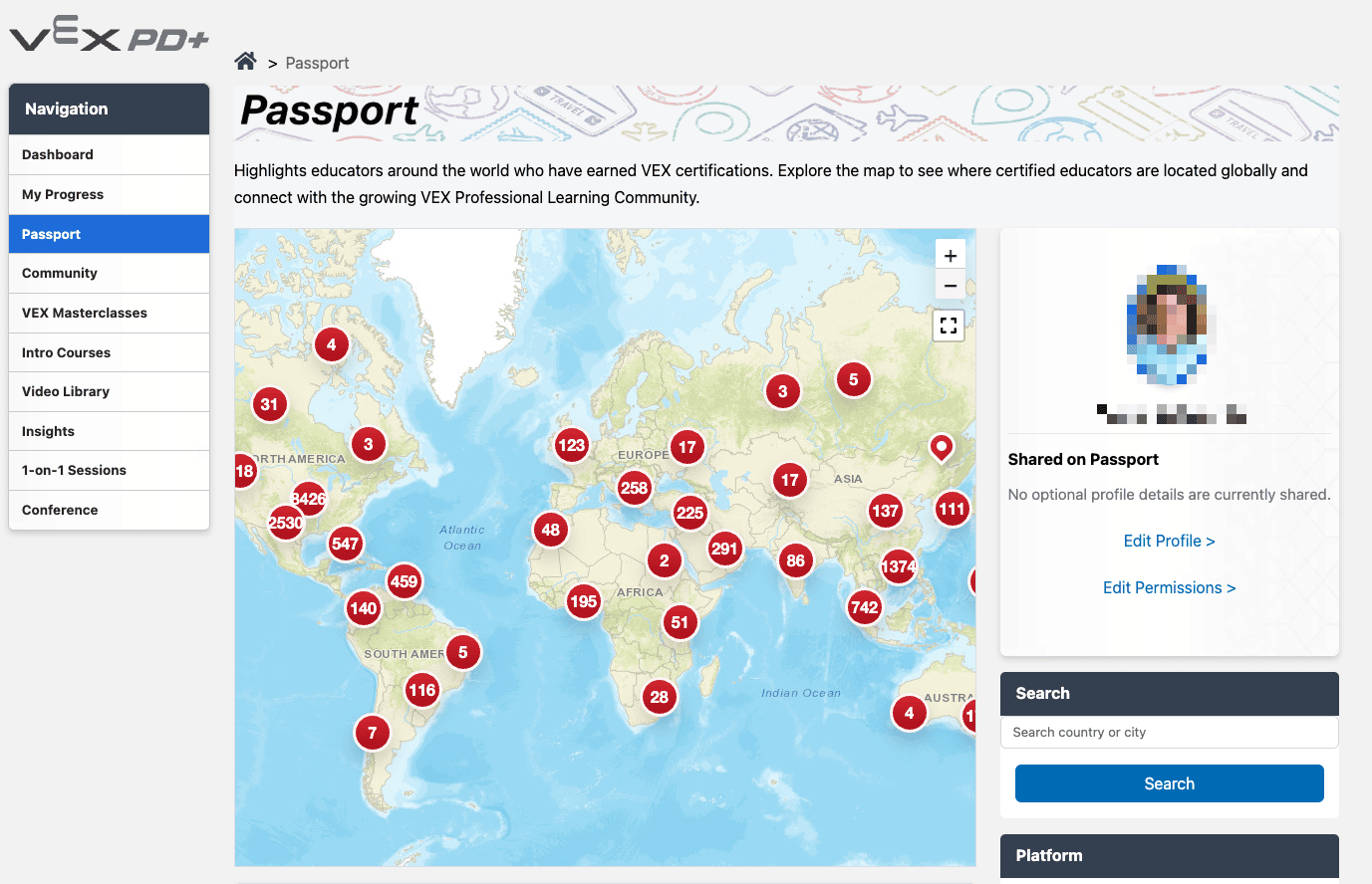 The VEX Passport page in PD+ showing a world map. There are circles with numbers inside them scattered throughout, showing the numbers of certified VEX Educators in that area.