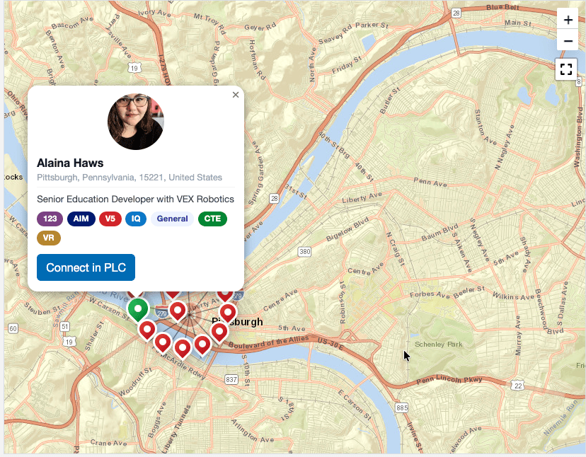 VEX Passport map displaying profile information of an educator. The information includes name, location, title, and the platforms in which they are certified. There is a button underneath that reads connect in PLC.