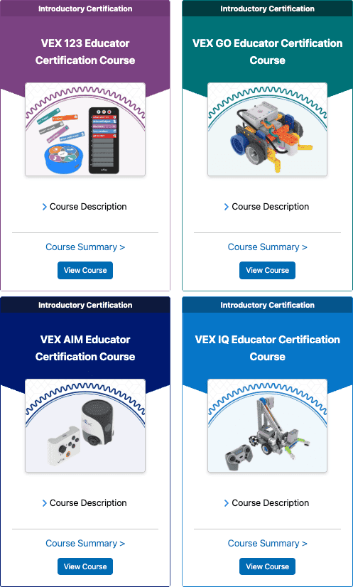 Four tiles showing Intro course options in PD+. Clockwise from the upper left they are the VEX 123 Educator Certification Course, The VEX GO Educator Certification Course, the VEX IQ Educator Certification Course, and the VEX AIM Educator Certification Course.