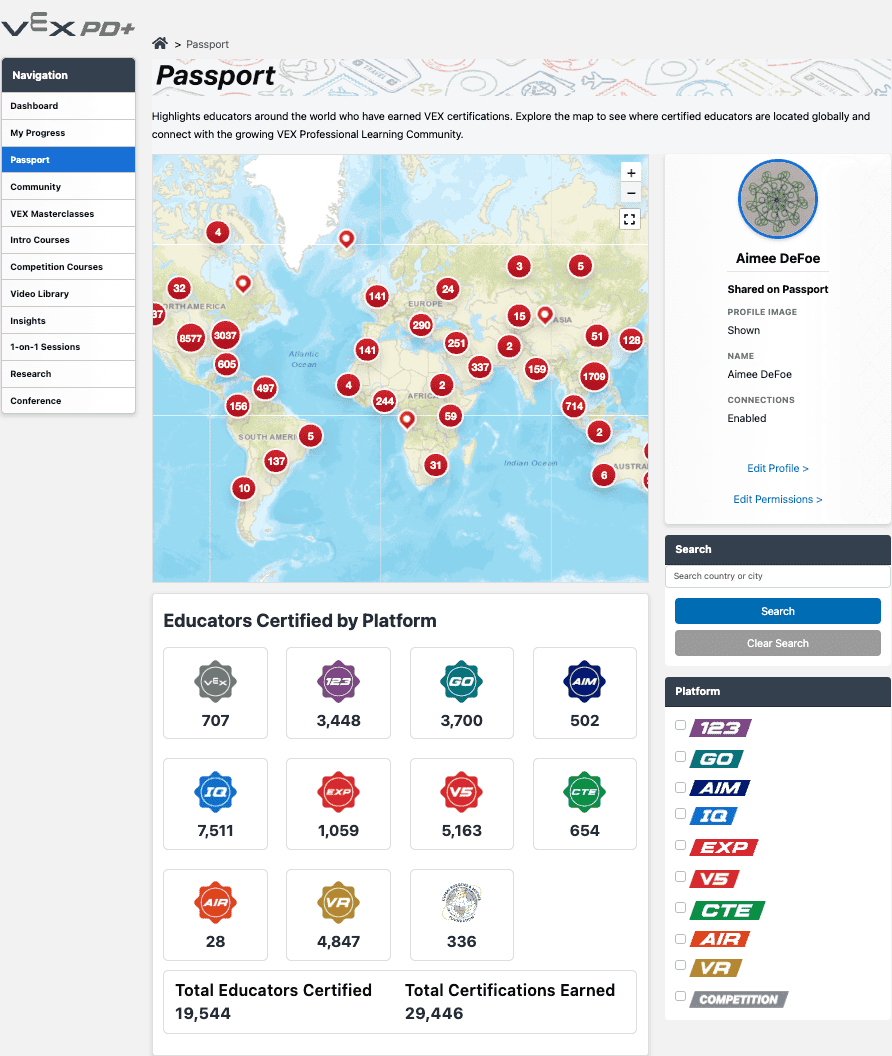 Screenshot of the VEX PD+ Passport page, showing a world map with pins marking VEX-certified educator locations globally, alongside a table of certification counts by platform and total educator and certification numbers.