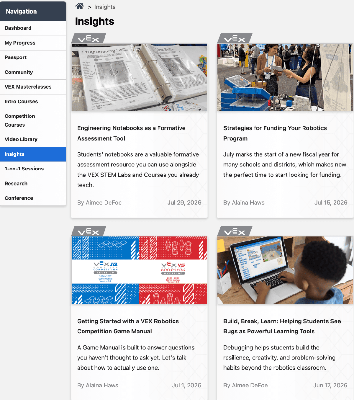 Screenshot of the VEX PD+ Insights page, showing a grid of four article thumbnails and titles covering engineering notebooks, funding robotics programs, the competition game manual, and debugging as a learning tool.