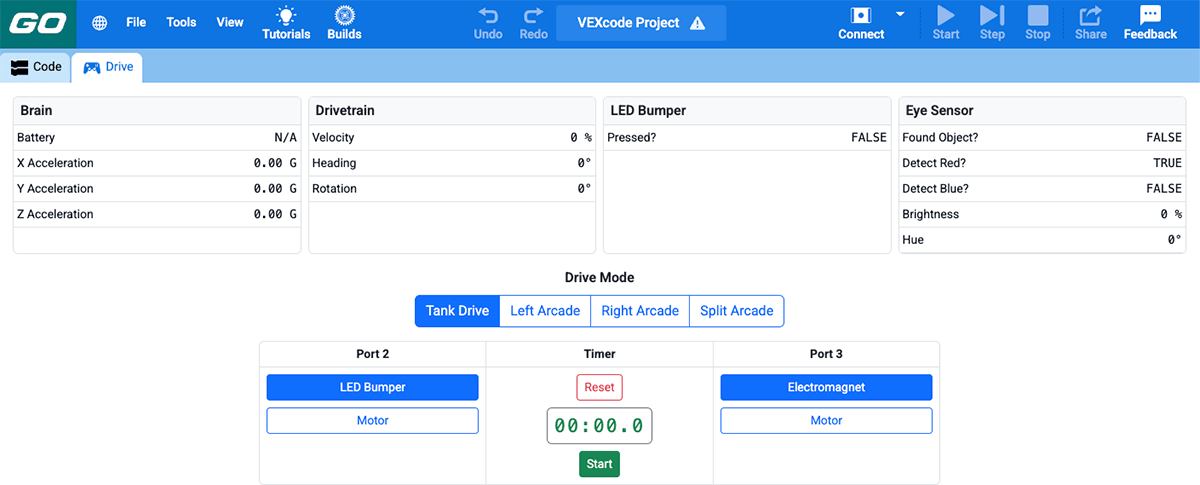 VEXcode GO Drive tab showing Brain, Drivetrain, LED Bumper, and Eye Sensor panels, with Tank Drive selected and a countdown timer.