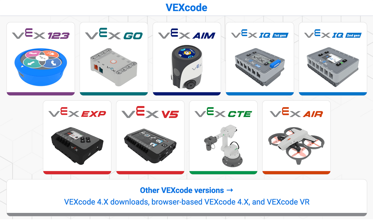 VEXcode platform selection screen showing icons for VEX 123, GO, AIM, IQ (1st and 2nd gen), EXP, V5, CTE, and AIR.