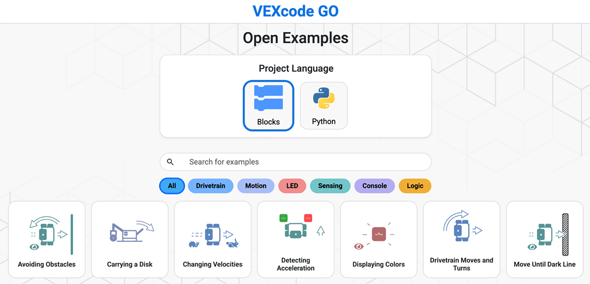 VEXcode GO Open Examples screen with a Blocks/Python toggle, a search bar, category filters, and example project tiles like Avoiding Obstacles and Detecting Acceleration.