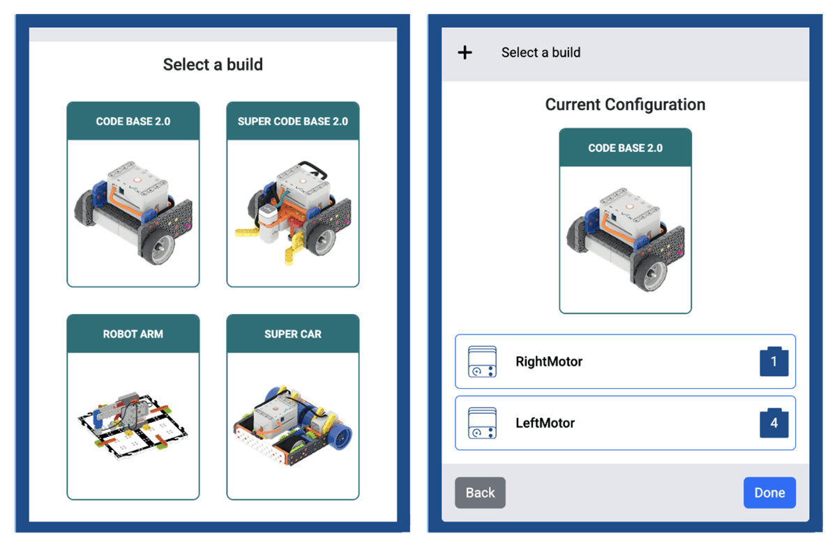 VEXcode build selection screens showing four robot configuration options, then the Current Configuration view with motors auto-assigned to ports.