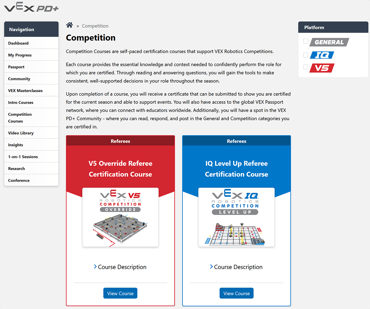 VEX PD+ Competition Courses homepage showing V5 Override Referee Certification Course and IQ Level Up Referee Certification Course.