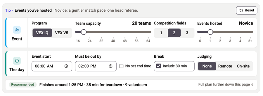 Screenshot of the Event Day Builder with program shown and event start data.