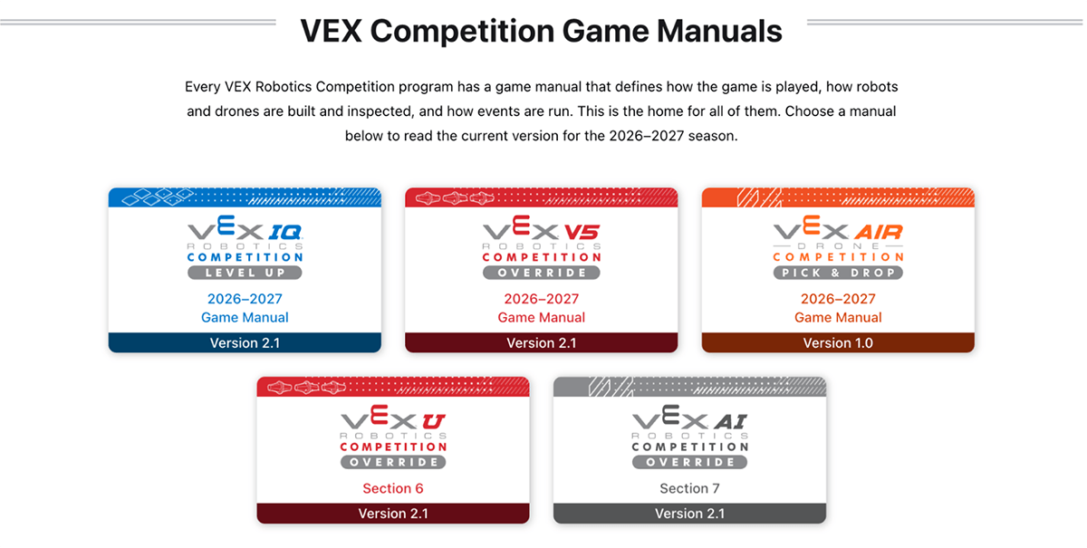 Screenshot from the Manuals website showing tiles for each of the games listed in the bullets on the page as well as one for VEX U and one for VEX AI.