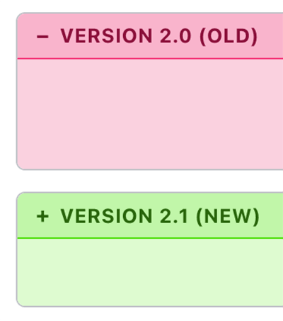 Screenshot from the manuals website showing comparison boxes. One is red and labeled with the version number and the word Old. The other is green, labeled with the newer version number and the word New.