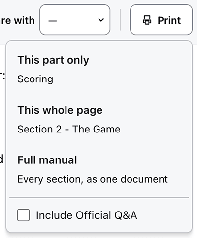 Print dialogue box from the manuals website. Options are shown to print a part, a section, or the full manual.