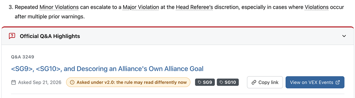 Screenshot from the manuals page showing the top part of an Official Q and A highlight. It shows the title of the Q and A, when it was asked, what rules it is tagged with, and options to copy a link to the question or to view it on the official site.