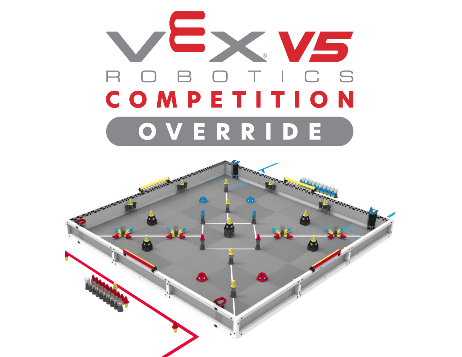 VEX V5 Robotics Competition Override logo above a 3D rendering of the game field, showing a square field with red and blue alliance game elements arranged across gray foam tiles.