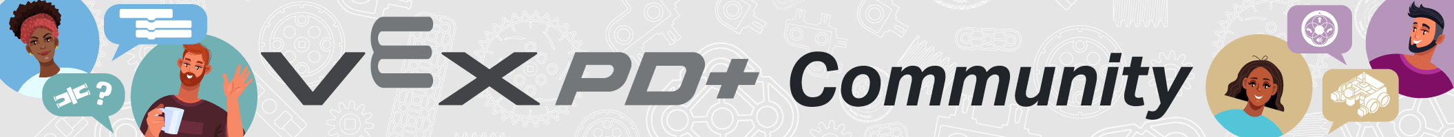 VEX Community banner with illustrations of diverse educators, speech bubbles, and VEX robots.