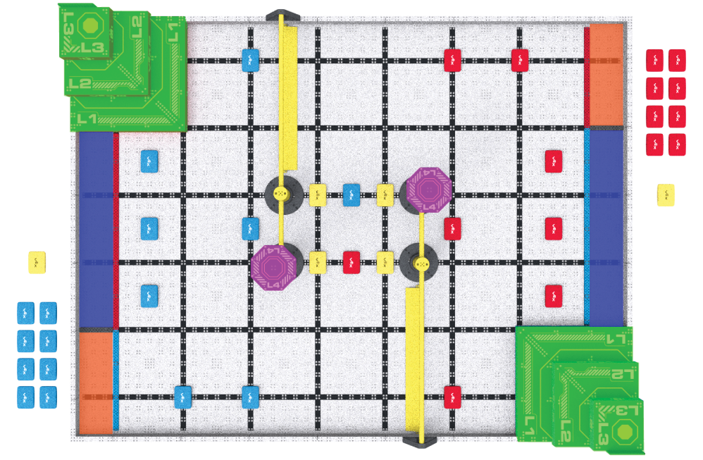 Starting VIQRC Level Up field configuration with red, blue, and yellow Bean Bags highlighted.