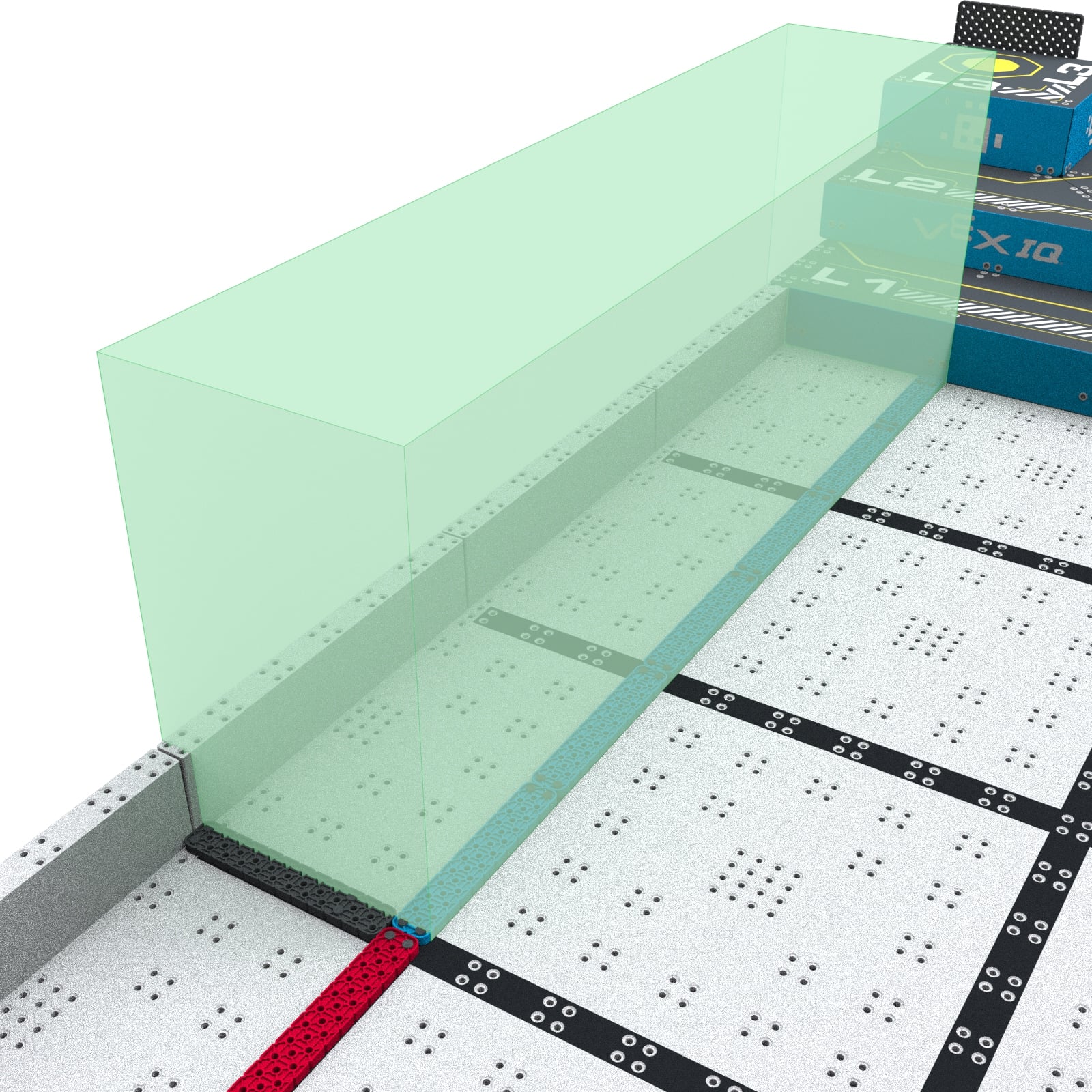 A space three field squares long and one half a field square wide against the field wall directly in front of the blue pyramid goal highlighted in green