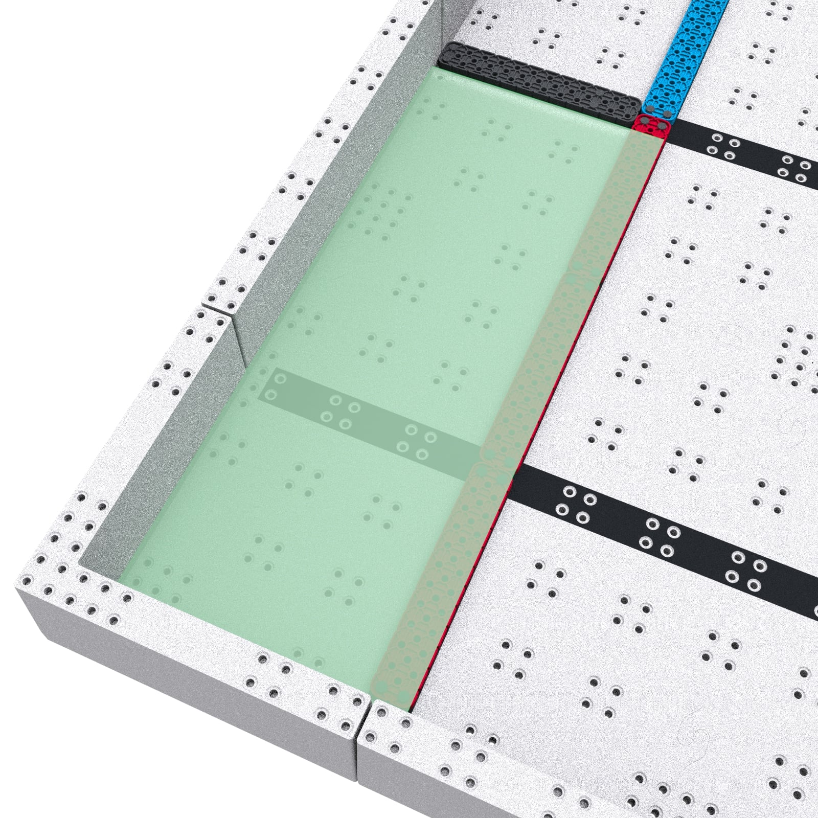 An area in the corner of the field one half a field square wide and one and one half field squares long, highlighted in green. It ends at a gray beam at the far end and takes in the red beam along its right hand side.