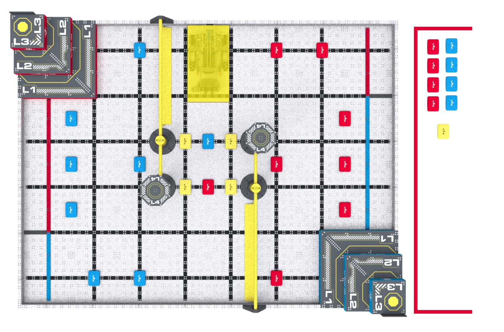 A top down view of the level up field for a robot skills match showing one robot in the starting position in the upper center of the field against the field wall. There are 4 red, four blue, and 1 yellow bean bags outside the field in the upper left
