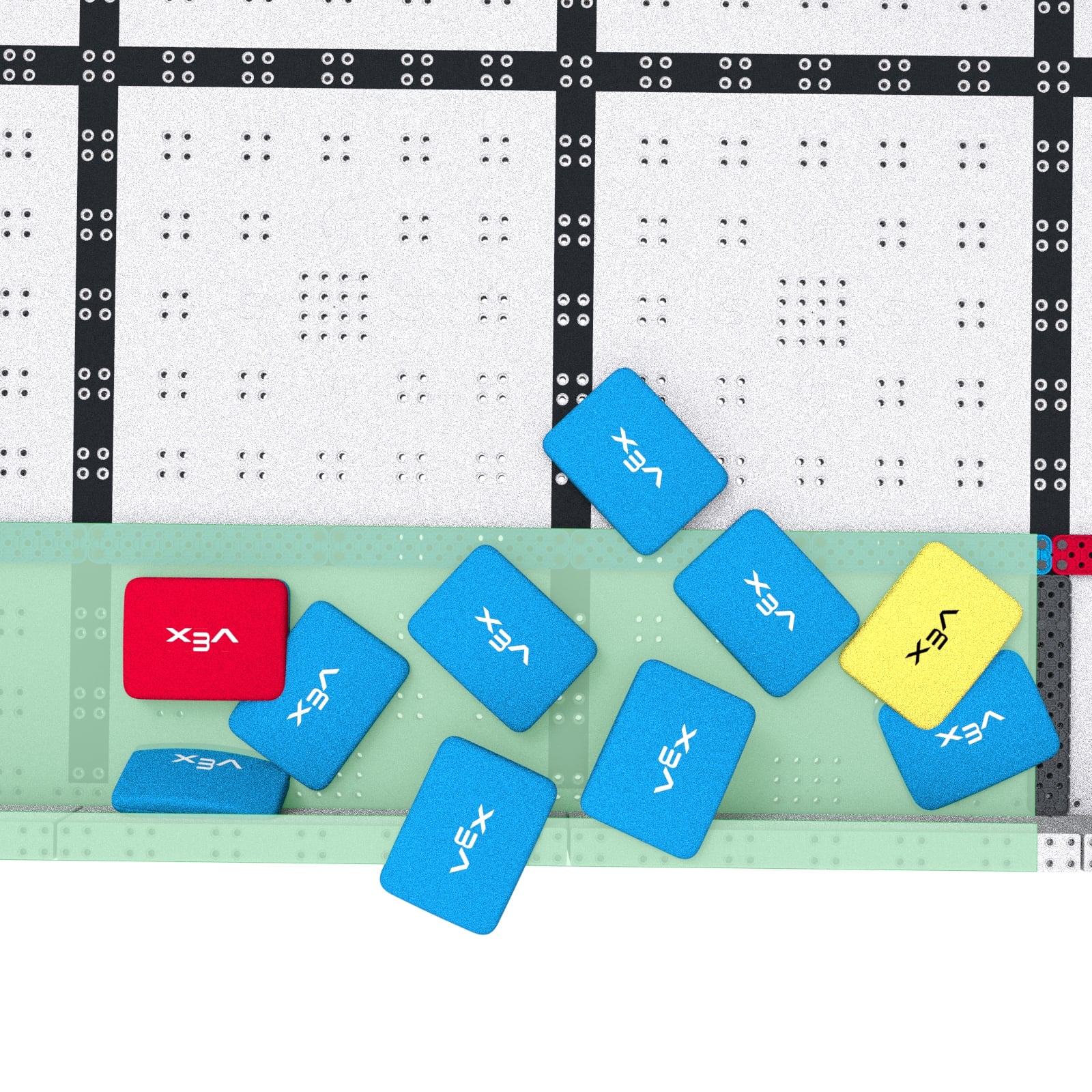 A close up of a blue floor goal various scoring examples shown. Bags have red x's or green checkmarks overlaid on them to show whether they are scored or not