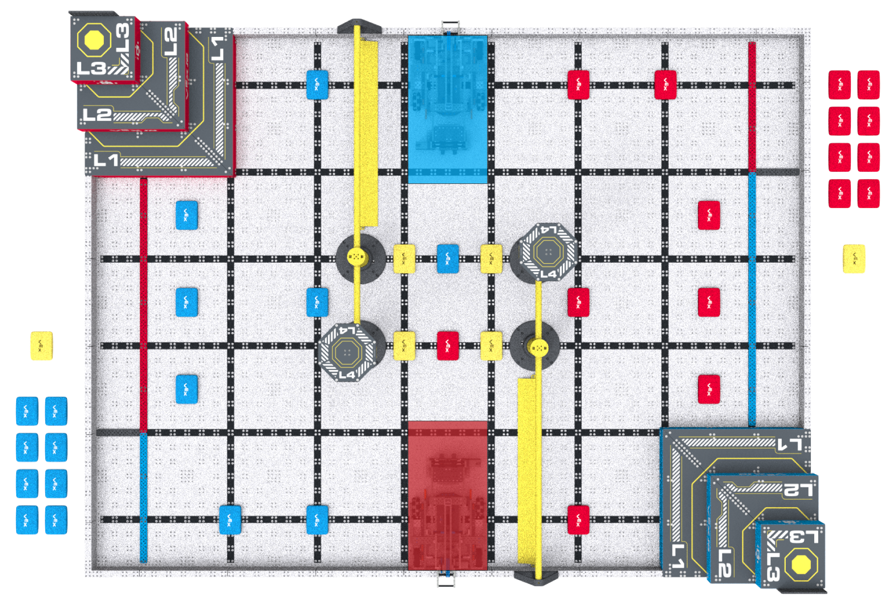 Top down view of the level up field with robot starting positions against the field walls in the center top and bottom marked with yellow highlights