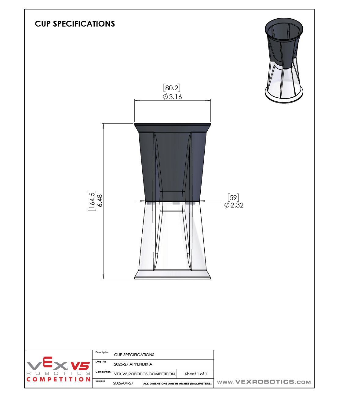 A drawing describing the dimensions of V5RC Override Cup.