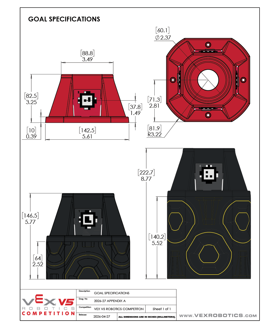 A drawing describing the dimensions of V5RC Override Goals.