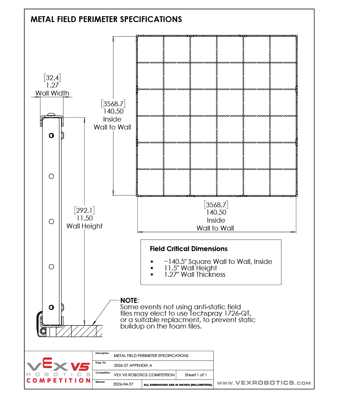 A drawing describing the dimensions of a Metal Field Perimeter.