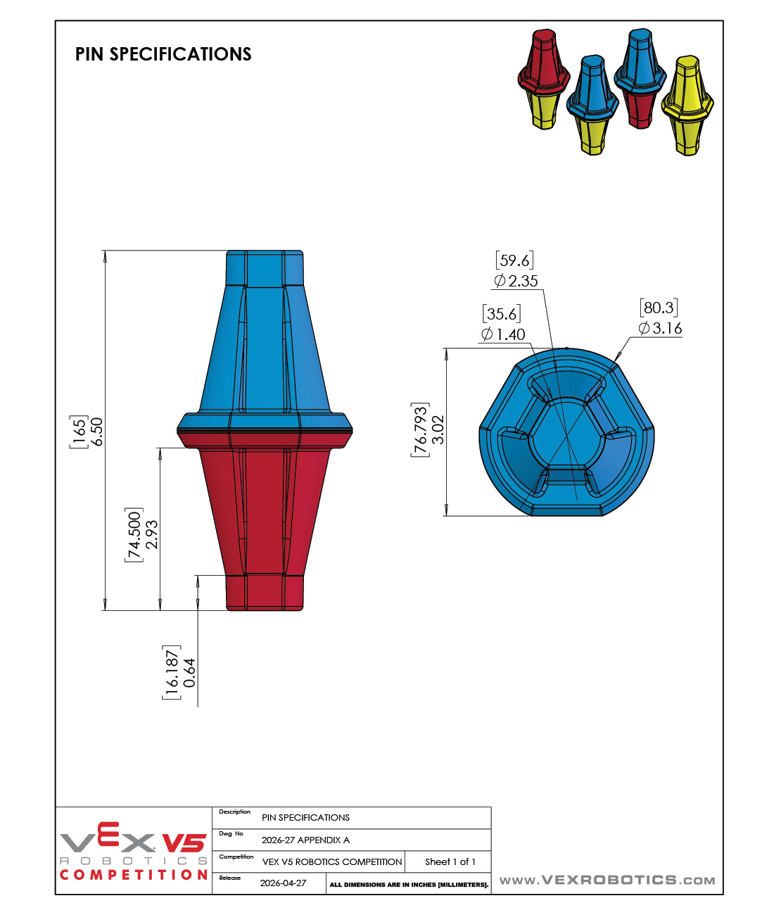 A drawing describing the dimensions of V5RC Override Pin.