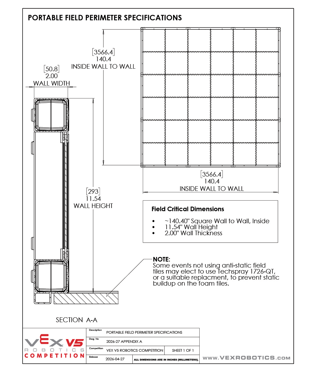A drawing describing the dimensions of a Portable Field Perimeter.