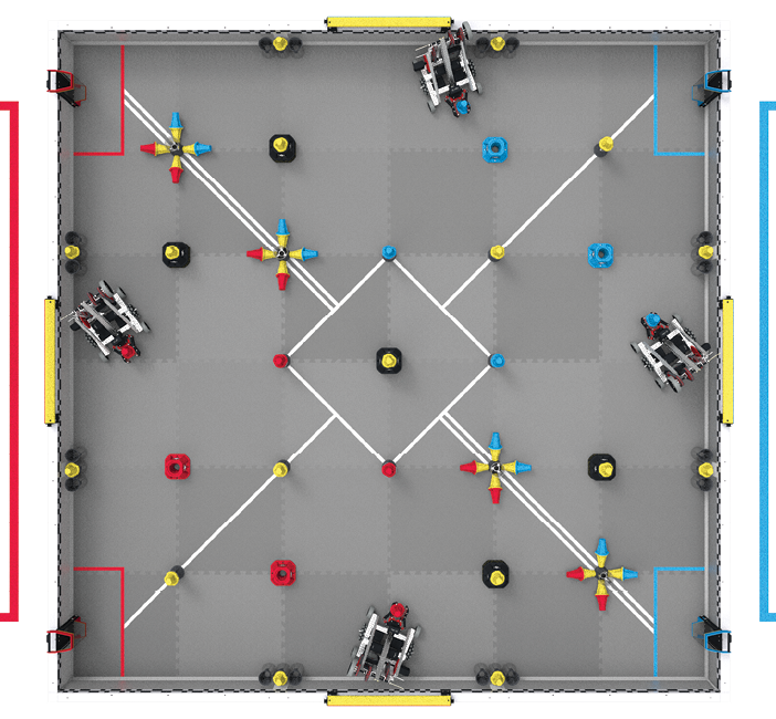 An overhead view of a V5RC Override field, with four robots in a legal starting position.
