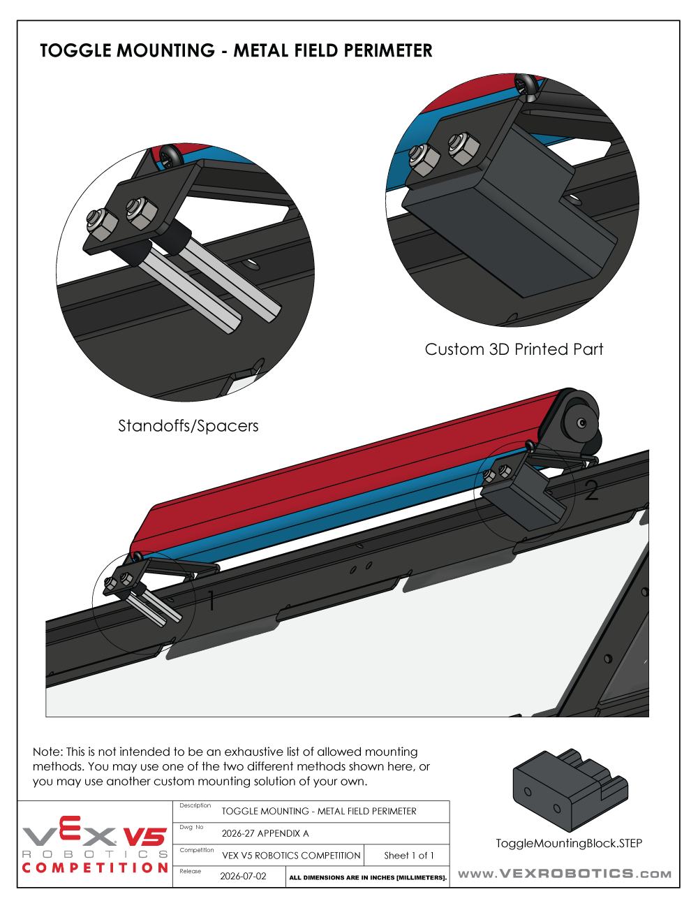 Specification diagram for VEX V5 Robotics Competition custom-made Toggle Mount. The diagram shows two close up views of ways that Toggles can be mounted to metal Field Perimeters, with a note saying that these are the only ways that they can be mounted.
