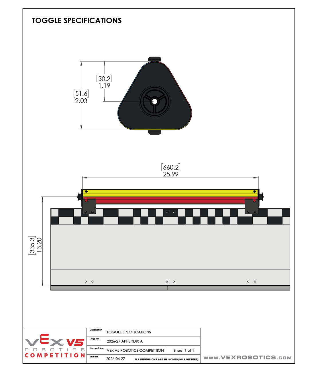 A drawing describing the dimensions of V5RC Override Toggle.