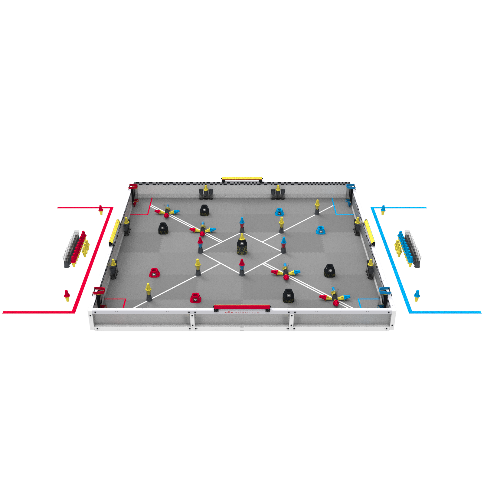 A side view of a V5RC Override field, set up for a VEX U Head to Head Match.