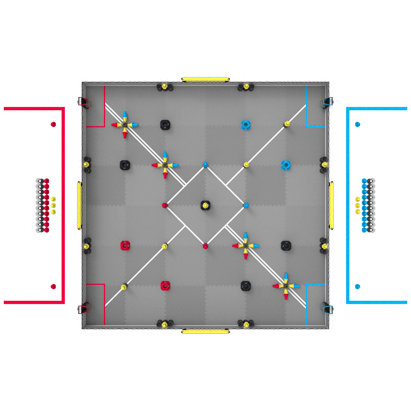 An overhead view of a V5RC Override field, set up for a VEX U Head to Head Match.