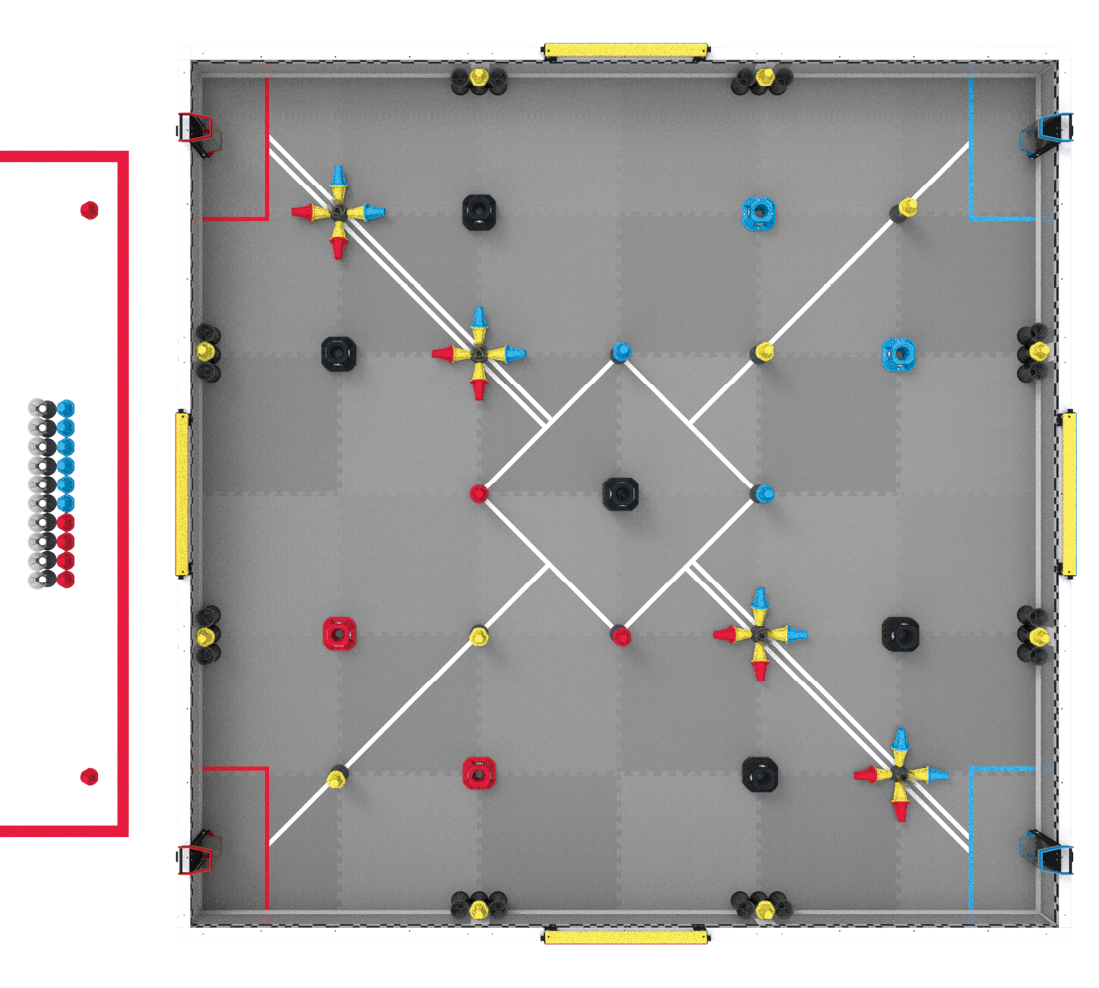 An overhead of a V5RC Override field, set up for a VEX U Robot Skills Match.